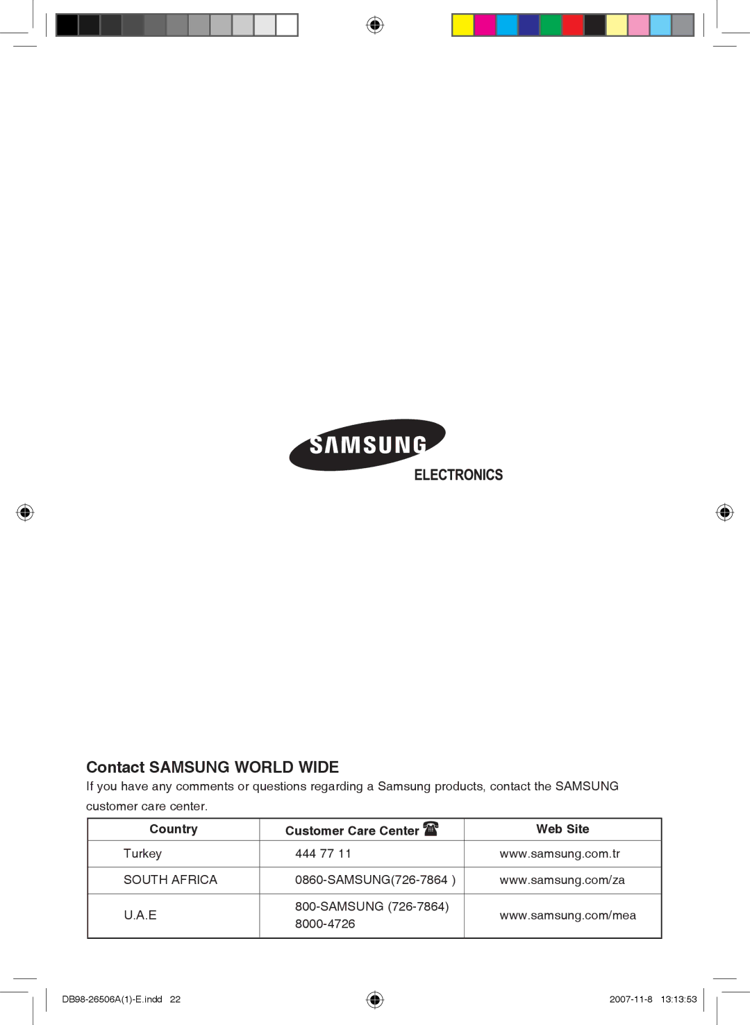 Samsung AS18FBNXSG, AS24FAXMID, AS18FBNMID, AS12FCXMID, AS12FCNMID, AS09FCXMID, AS24FCXMID, AS18FCMID Contact Samsung World Wide 