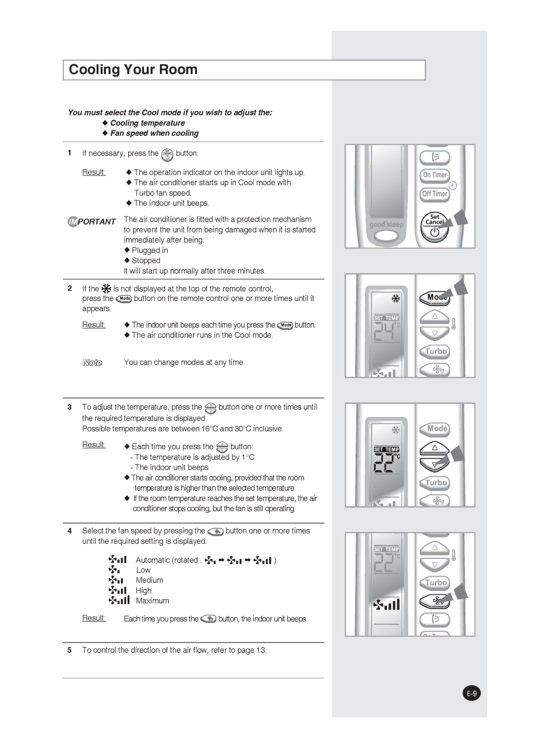 Samsung AS24FANMID, AS24FAXMID, AS18FBNMID, AS12FCXMID Cooling Your Room, To control the direction of the air ﬂow, refer to 