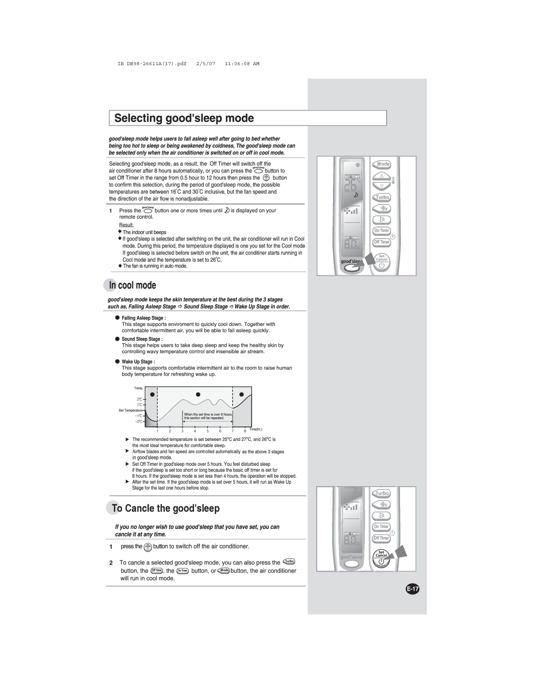 Samsung AS24FCNUMG, AS24FCXMID, AS18FCMID, AS24FCNMID, AS18FCUMG, AS18FCXSG, AS24FCXXSG, AS24FCNXSG manual To Cancle the goodsleep 