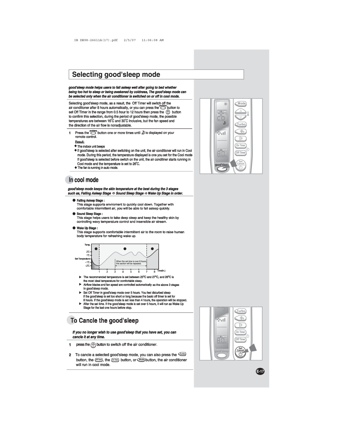Samsung AS24FCNUMG, AS24FCXMID, AS18FCMID, AS24FCNMID manual To Cancle the goodsleep, IB DB98-26611A17.pdf 2/5/07 110608 AM 