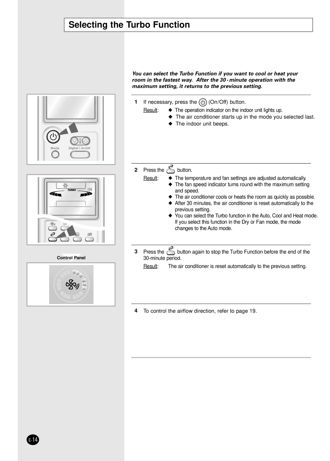 Samsung AS24HM1/XSG, AS24HM1N/MOC manual Selecting the Turbo Function 