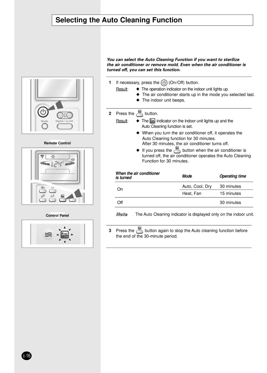 Samsung AS24HM1/XSG manual Selecting the Auto Cleaning Function, When the air conditioner Mode Operating time Is turned 