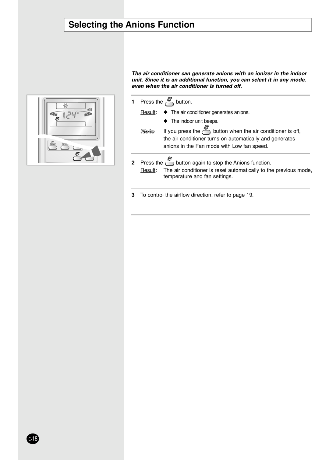 Samsung AS24HM1/XSG, AS24HM1N/MOC manual Selecting the Anions Function 