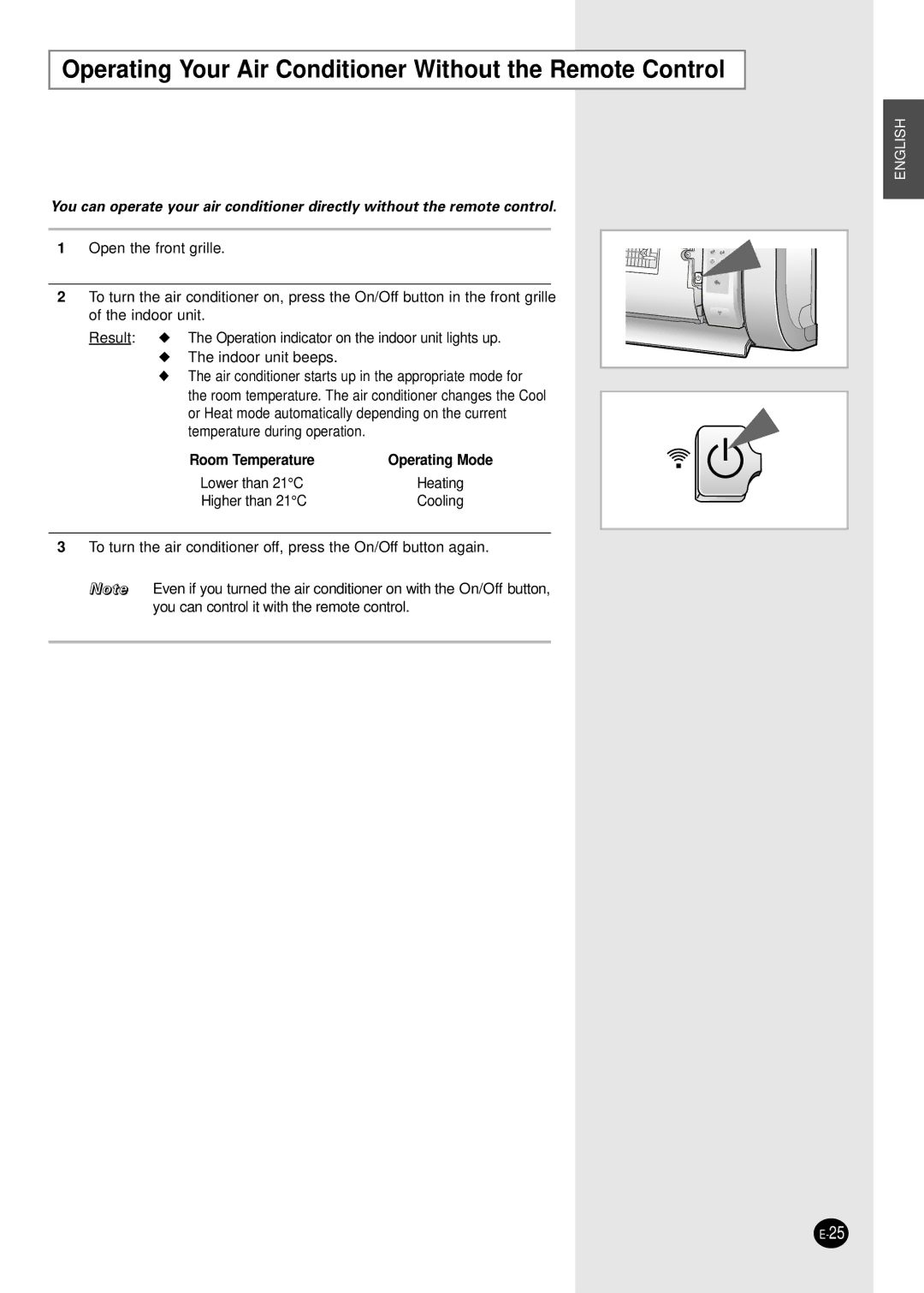 Samsung AS24HM1N/MOC, AS24HM1/XSG manual Operating Your Air Conditioner Without the Remote Control, Room Temperature 