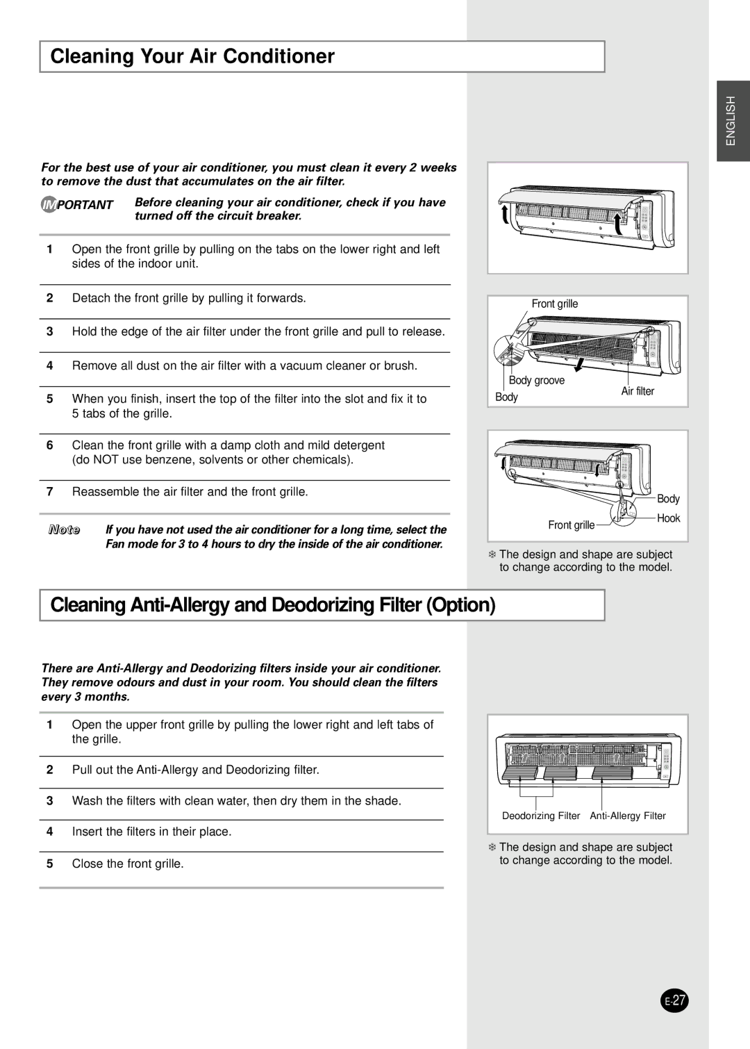 Samsung AS24HM1N/MOC, AS24HM1/XSG manual Cleaning Your Air Conditioner, Cleaning Anti-Allergy and Deodorizing Filter Option 