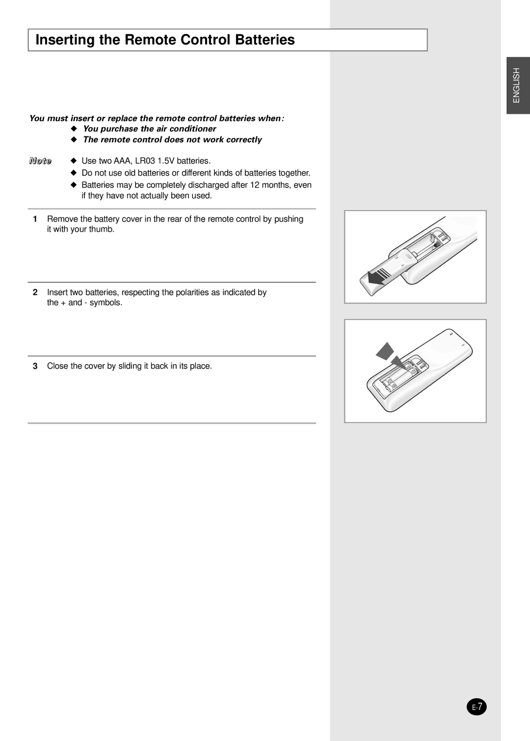 Samsung AS24HM1N/MOC, AS24HM1/XSG manual Inserting the Remote Control Batteries 