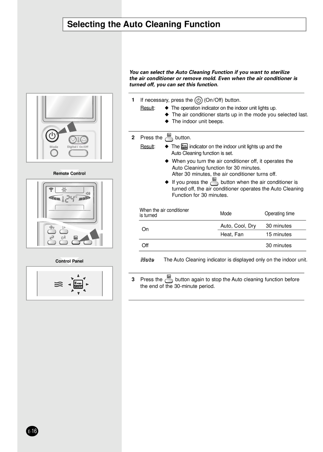 Samsung AS24HPBN/XFO manual Selecting the Auto Cleaning Function, When the air conditioner Mode Operating time Is turned 