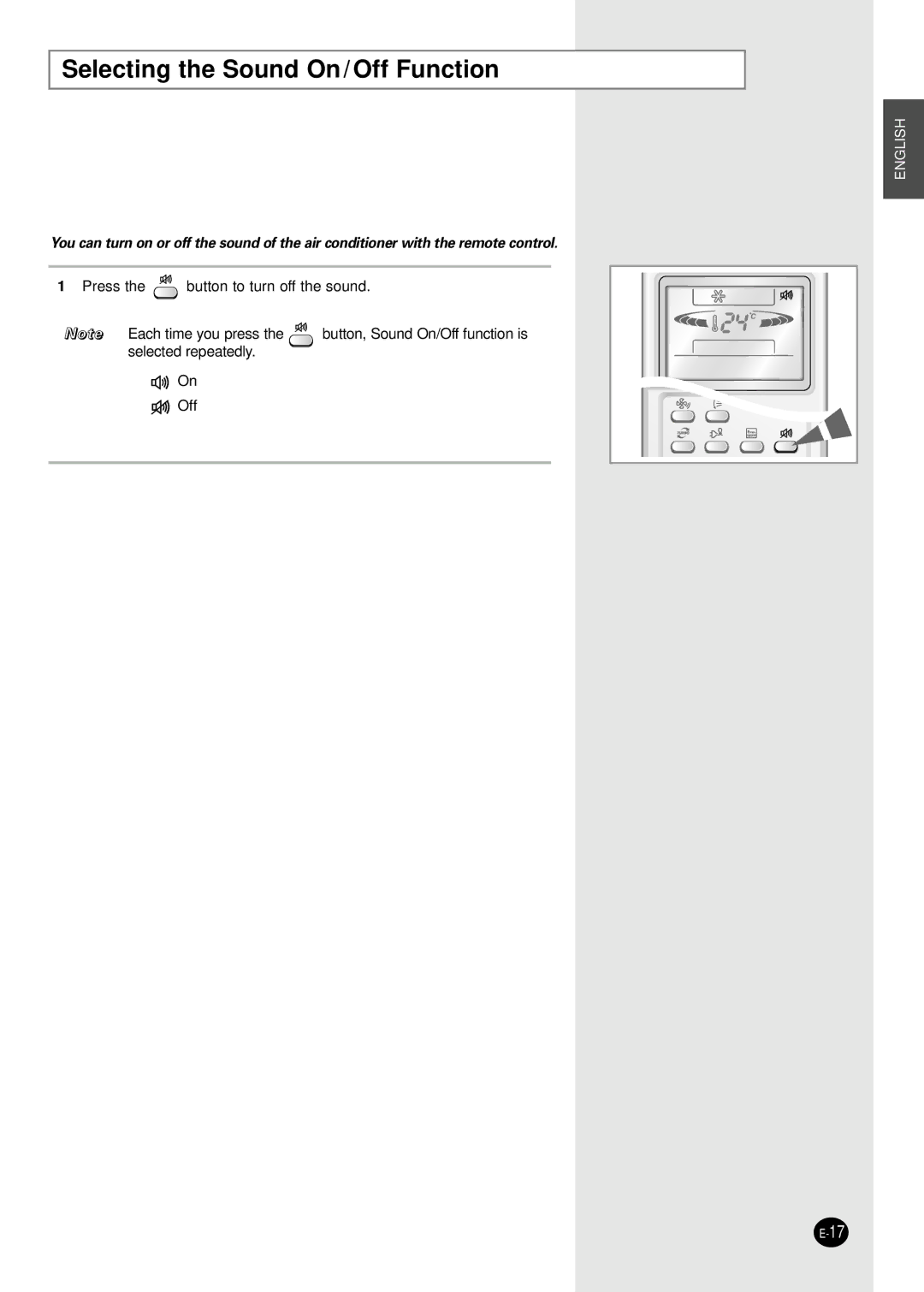 Samsung AS18HPBN/XFO, AS24HPBN/SER, AS18HPBN/SER, AS24HPBN/XFO manual Selecting the Sound On / Off Function 