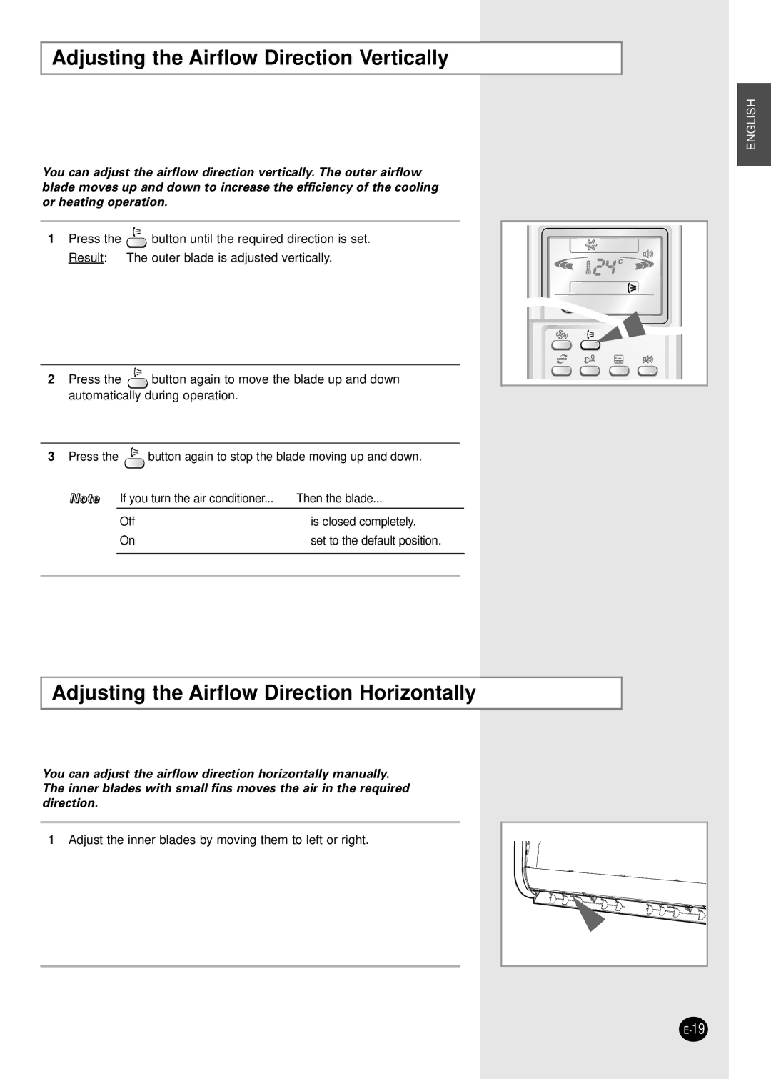 Samsung AS18HPBN, AS24HPBN manual Adjusting the Airflow Direction Vertically, Adjusting the Airflow Direction Horizontally 