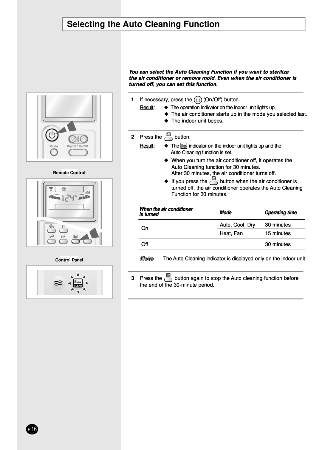 Samsung AS24HPBN/XFO manual Selecting the Auto Cleaning Function, When the air conditioner, Mode, Operating time, is turned 