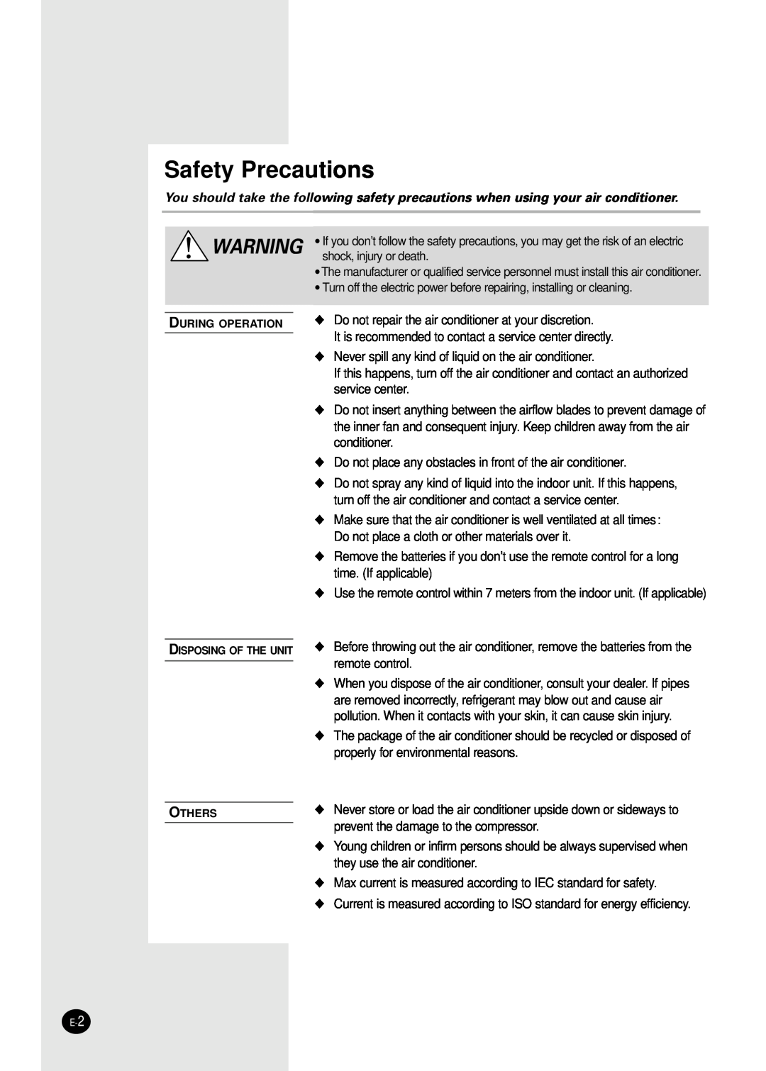 Samsung AS24HPBN/SER, AS18HPBN/SER, AS24HPBN/XFO, AS18HPBN/XFO manual Safety Precautions 