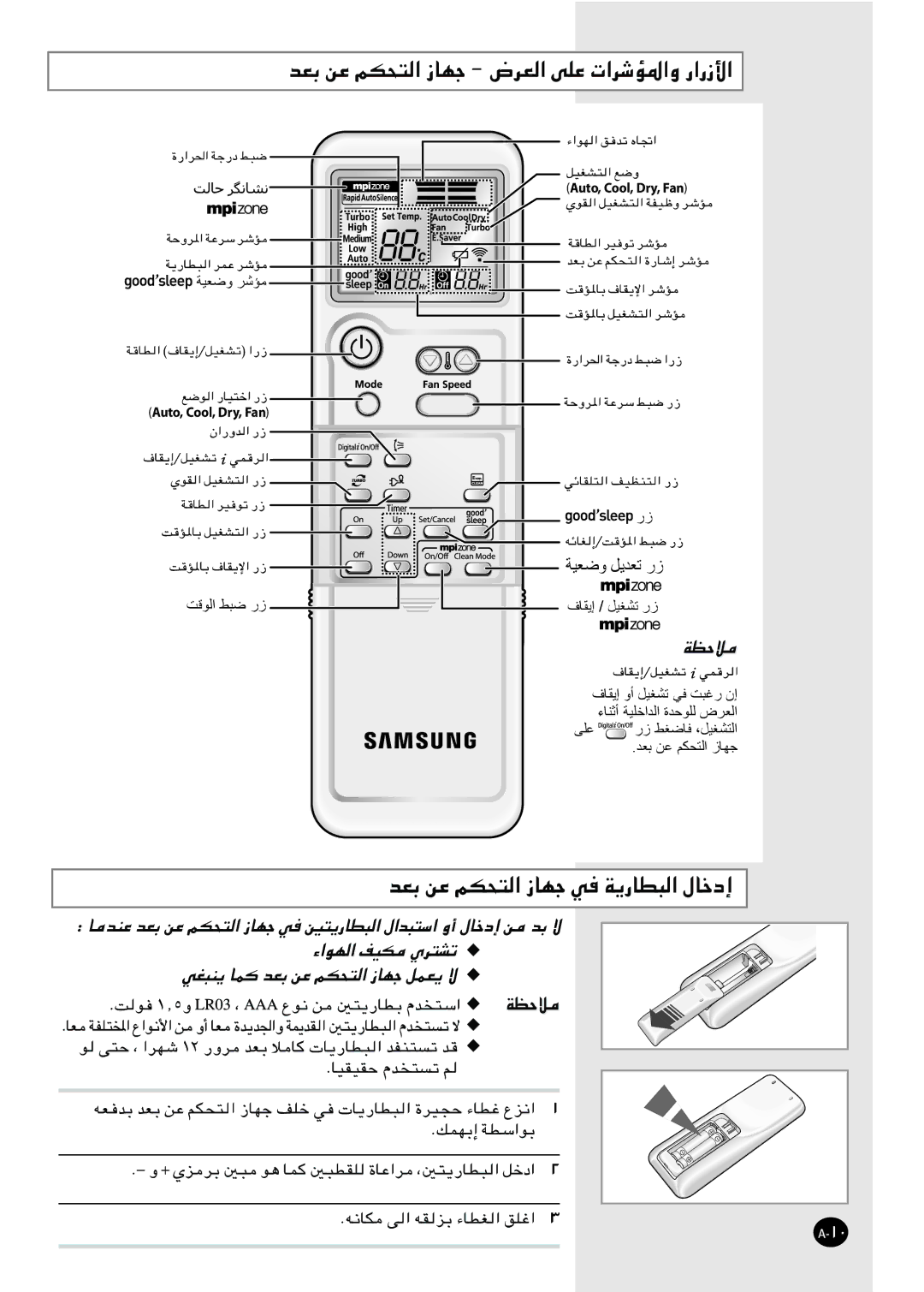 Samsung AS24VWAHAC, AS24VWANMID, AS18VWAHAC, AS18VWANXSG, AS18VWAUMG, AS24VWANXSG, AS18VWAMID, AS18VWAXUMG manual ﺔﻴﻌﺿﻭ ﻞﻳﺪﻌﺗ ﺭﺯ 