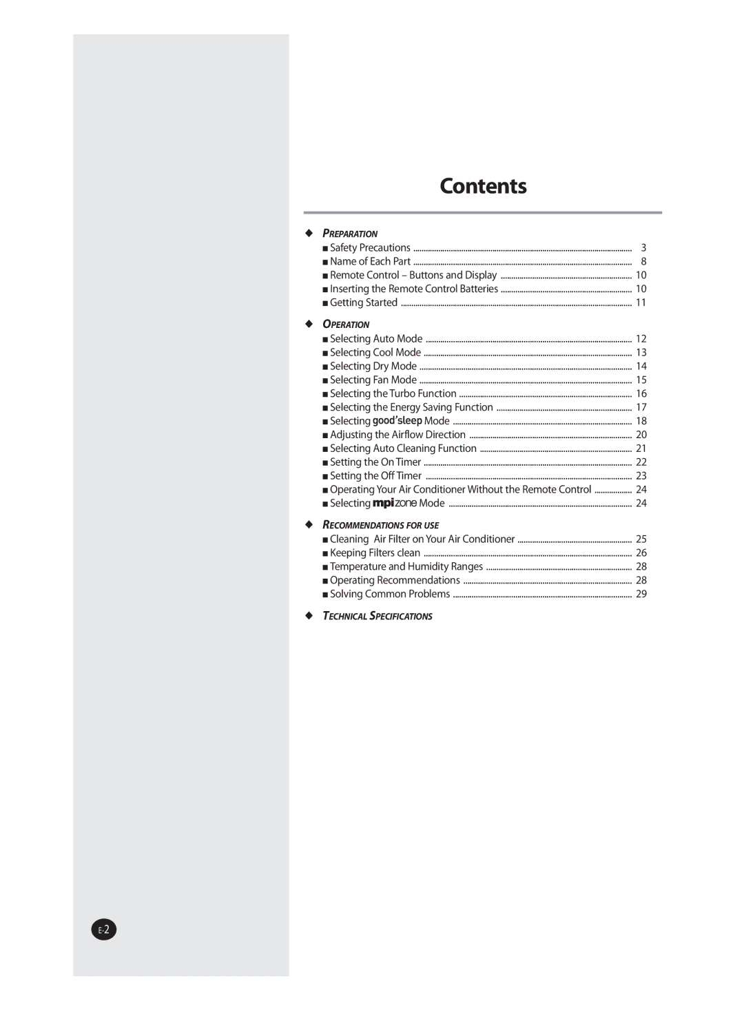 Samsung AS18VWAHAC, AS24VWANMID, AS18VWANXSG, AS18VWAUMG, AS24VWANXSG, AS18VWAMID, AS18VWAXUMG, AS18VWANUMG manual Contents 