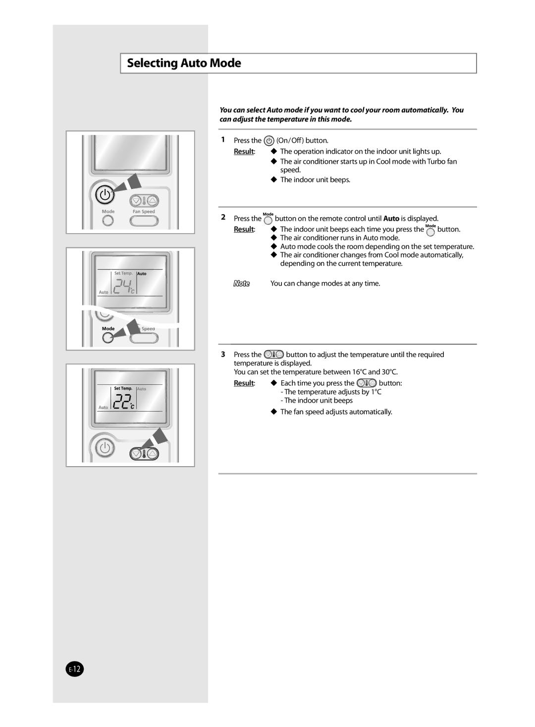 Samsung AS24VWAMID, AS24VWANMID, AS18VWAHAC, AS18VWANXSG, AS18VWAUMG, AS24VWANXSG, AS18VWAMID manual Selecting Auto Mode, Result 