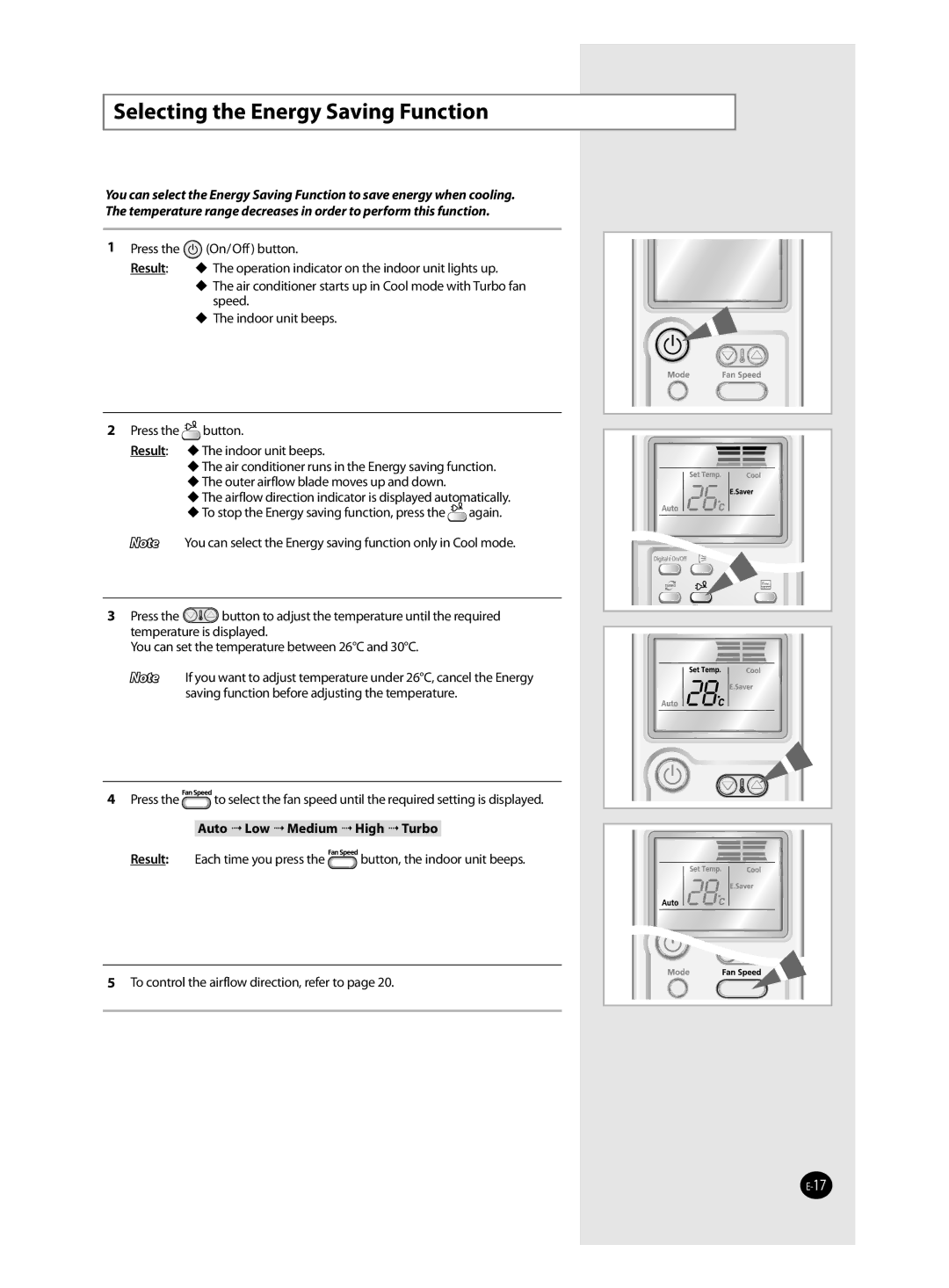 Samsung AS18VWANHAC, AS24VWANMID, AS18VWAHAC, AS18VWANXSG, AS18VWAUMG, AS24VWANXSG manual Selecting the Energy Saving Function 