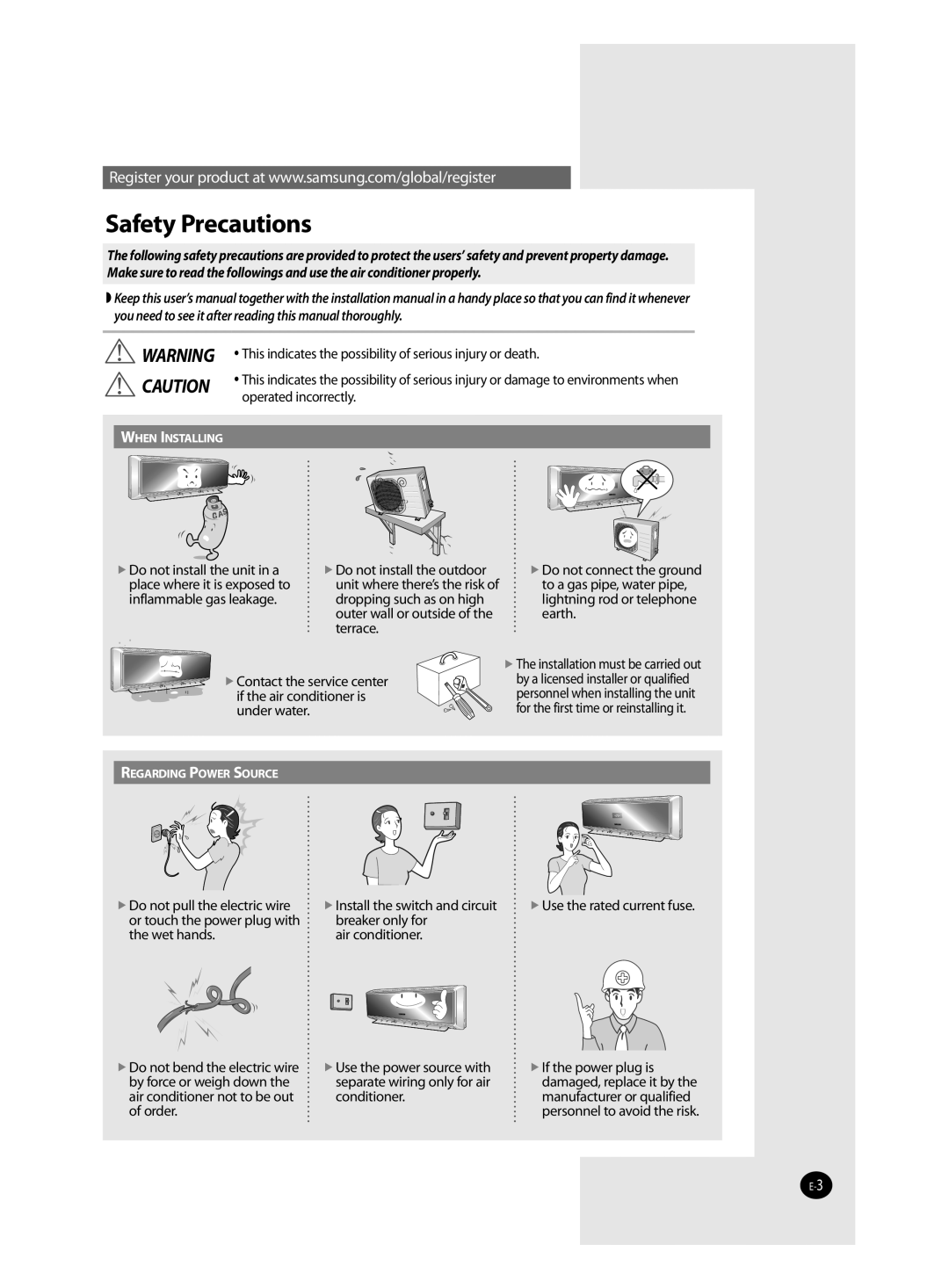 Samsung AS18VWANXSG, AS24VWANMID, AS18VWAHAC, AS18VWAUMG, AS24VWANXSG, AS18VWAMID, AS18VWAXUMG, AS18VWANUMG Safety Precautions 