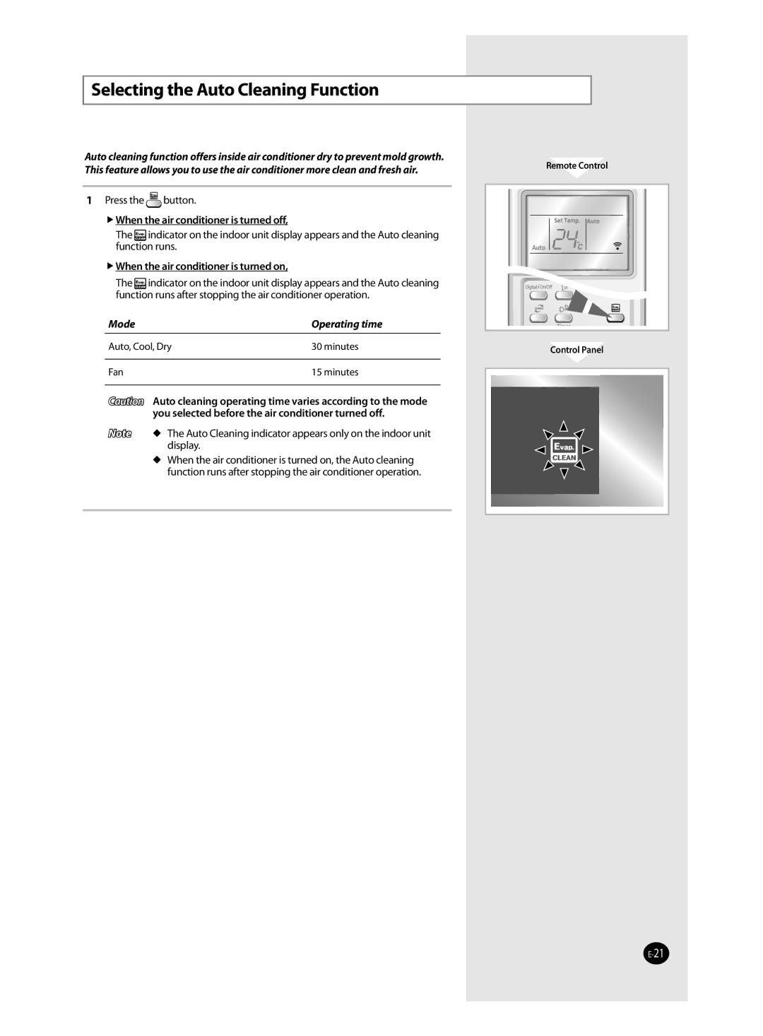 Samsung AS24VWAXHAC, AS24VWANMID, AS18VWAHAC Selecting the Auto Cleaning Function,  When the air conditioner is turned off 