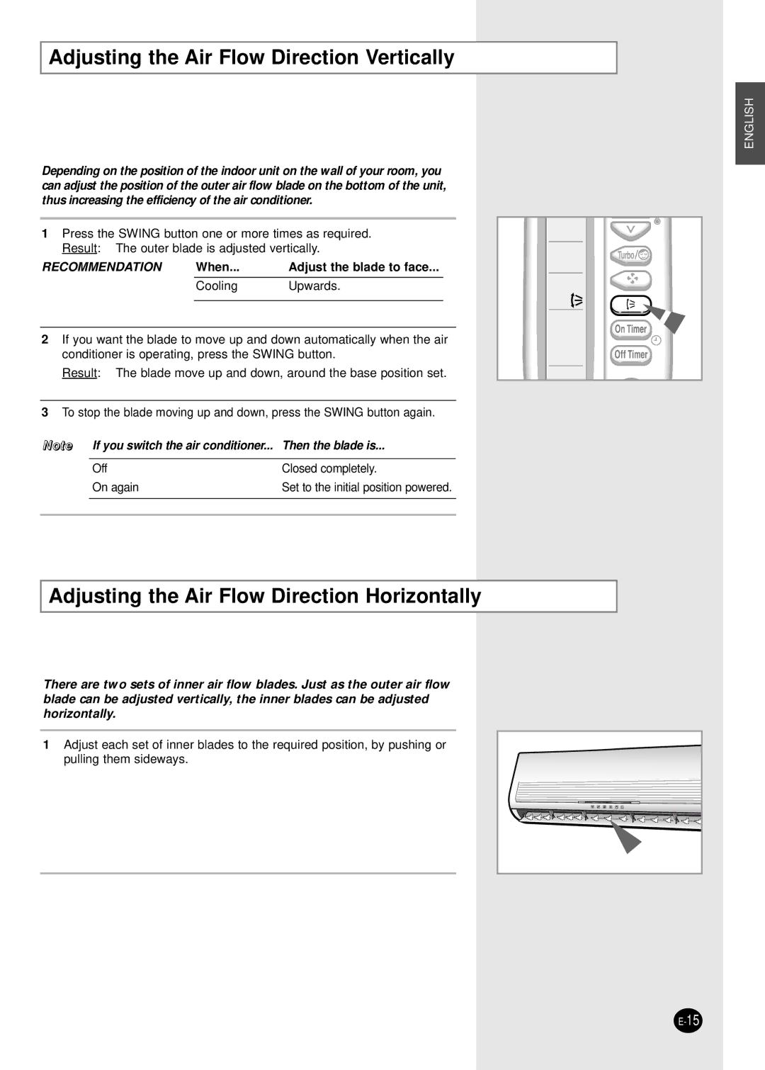 Samsung AS30BANUMG, AS30BAXMID Adjusting the Air Flow Direction Vertically, Adjusting the Air Flow Direction Horizontally 