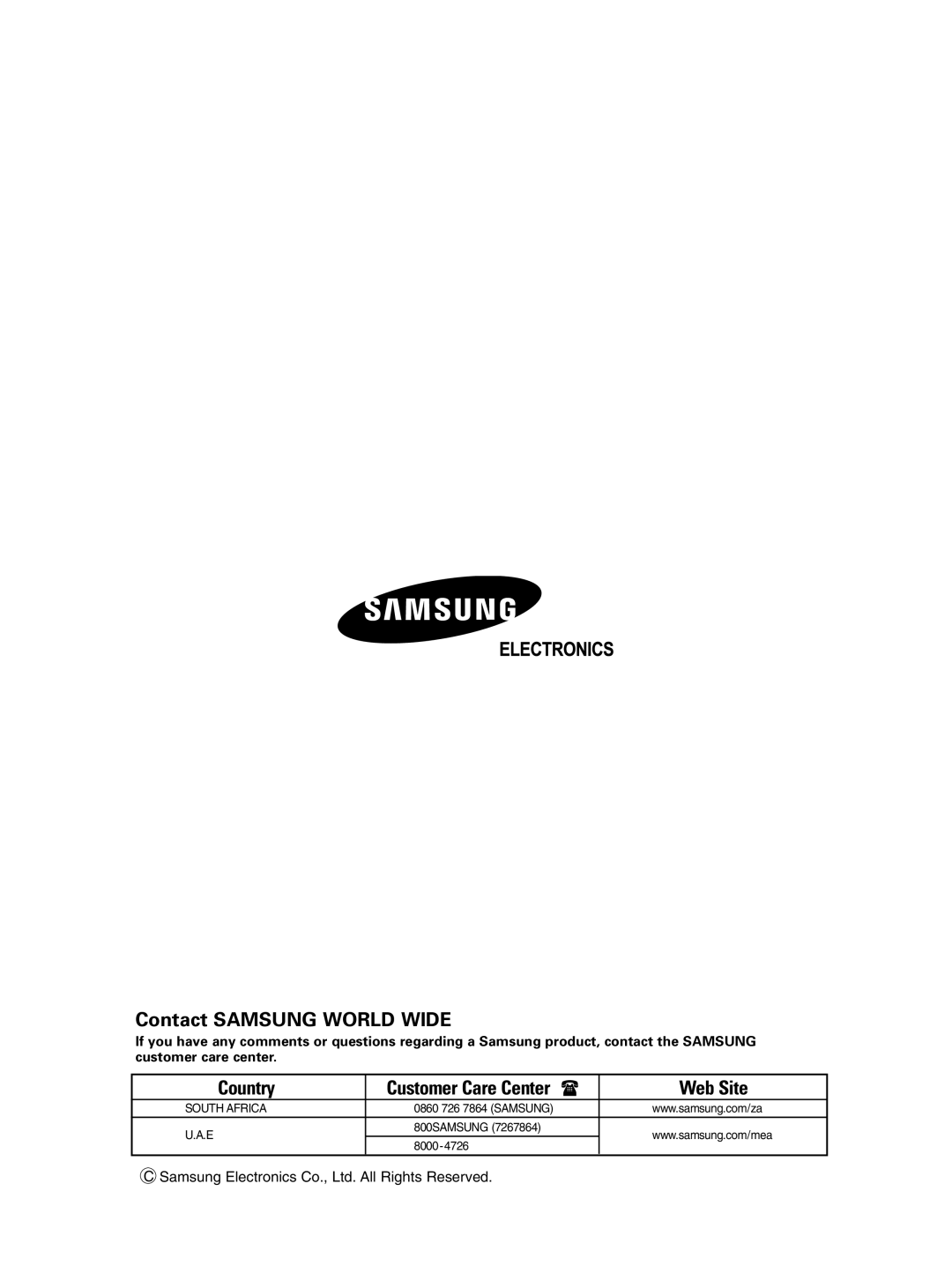 Samsung AS30BAXMID, AS30BANMID, AS30BAXXSG, AS30BANUMG, AS30BAXUMG, AS30BANXSG manual Country Customer Care Center Web Site 