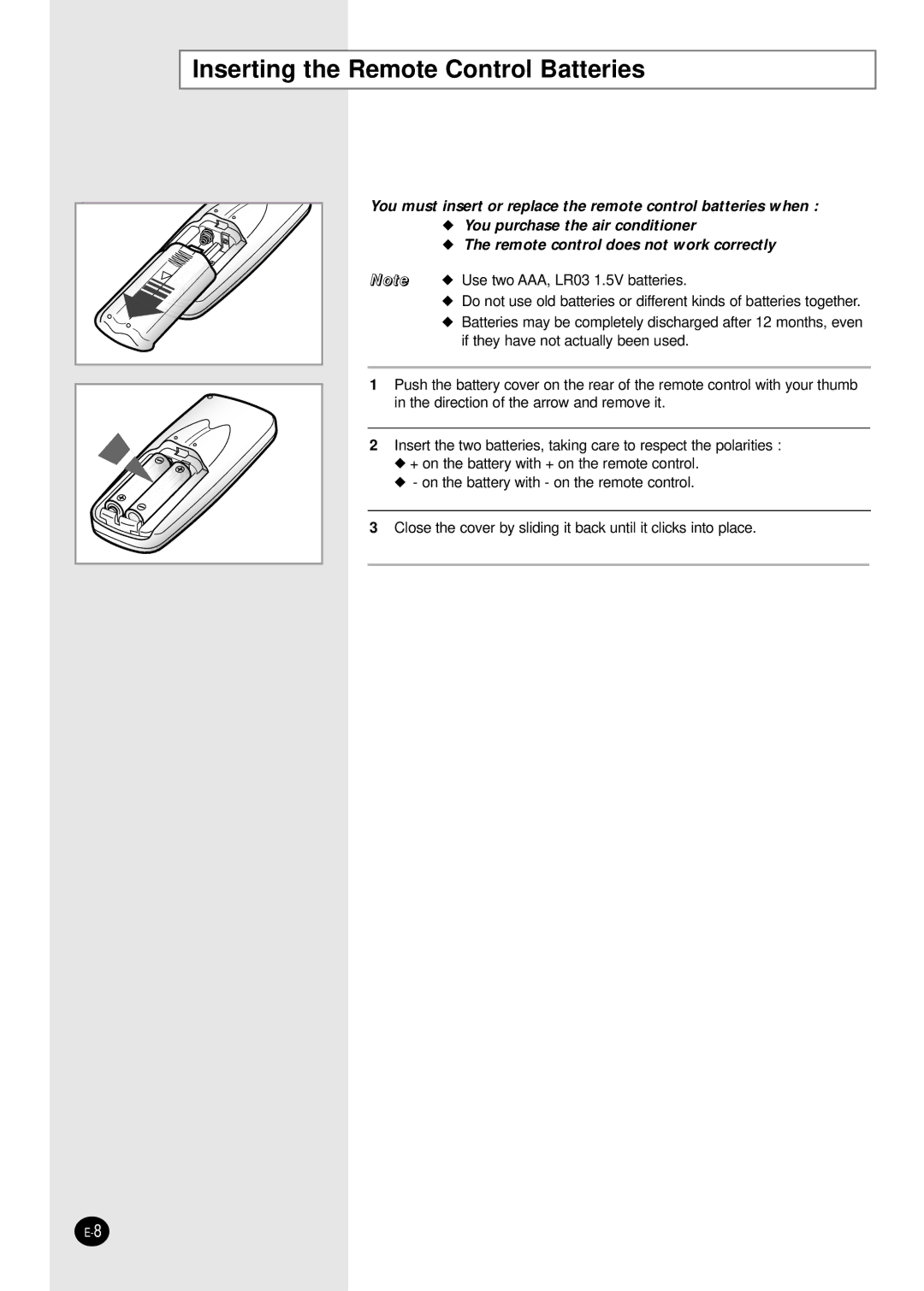 Samsung AS30BAXXSG, AS30BAXMID, AS30BANMID, AS30BANUMG, AS30BAXUMG, AS30BANXSG manual Inserting the Remote Control Batteries 