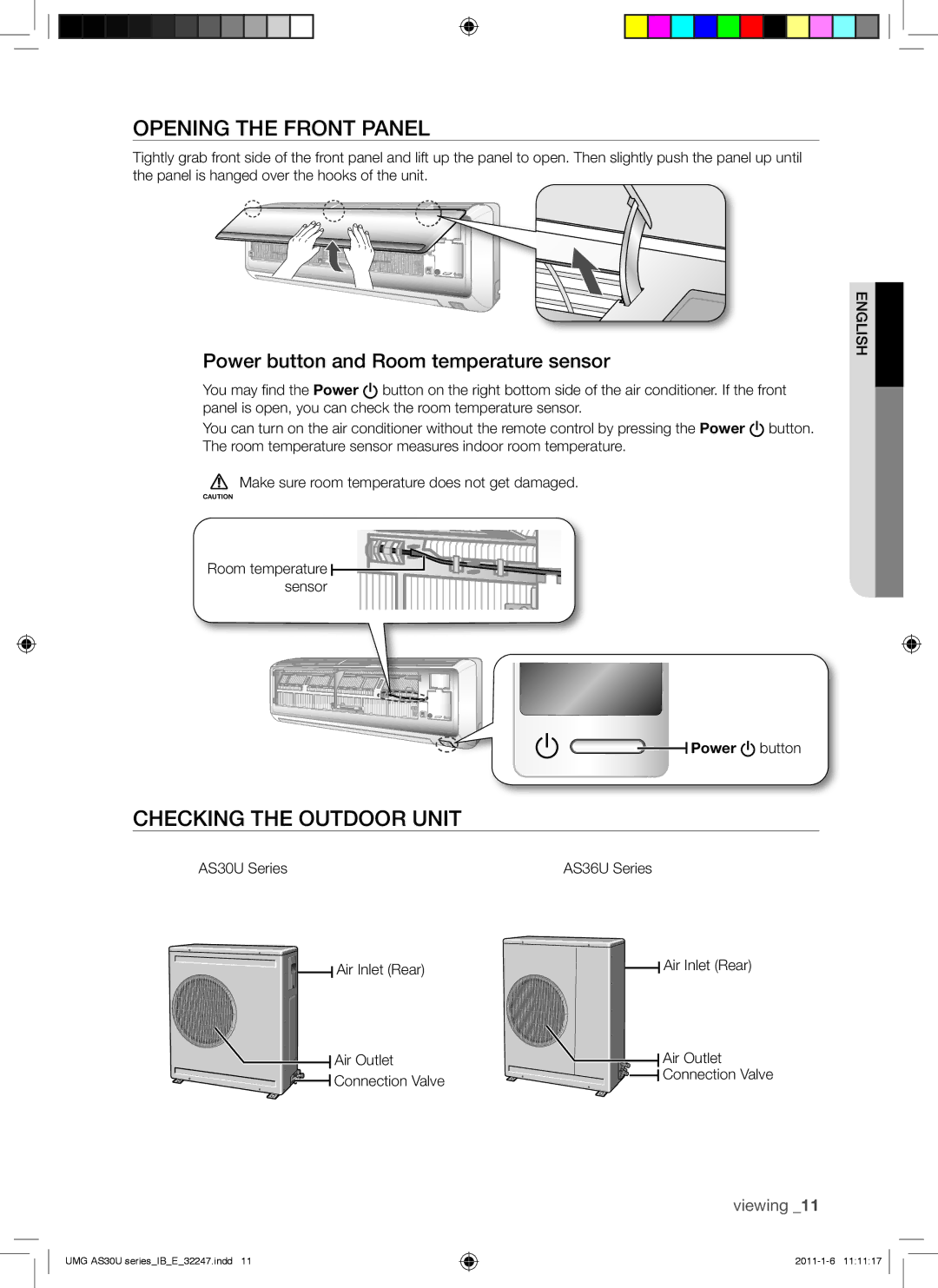 Samsung AS36UGANUMG manual Opening the Front Panel, Checking the Outdoor Unit, Power button and Room temperature sensor 