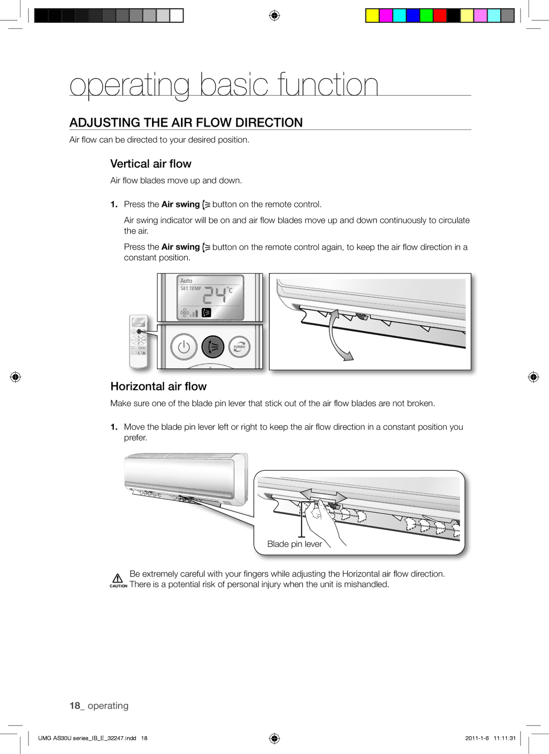 Samsung AS30UGANUMG, AS30UGAXUMG, AS36UGAXUMG manual Adjusting the AIR Flow Direction, Vertical air flow, Horizontal air flow 