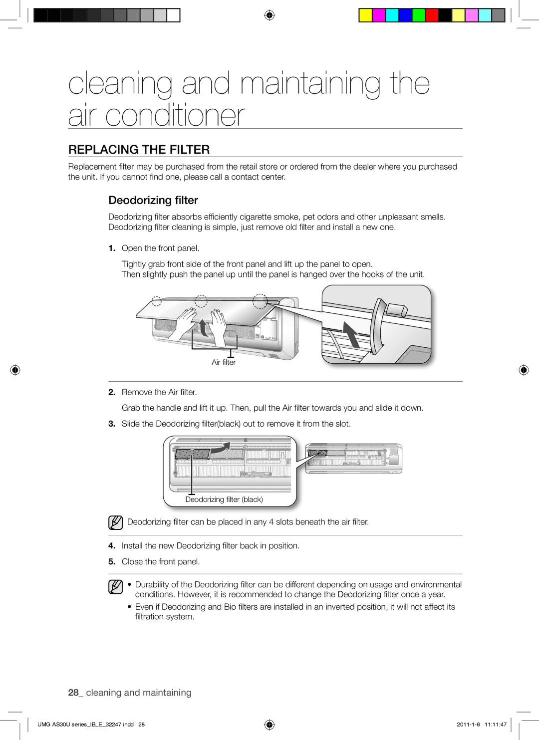 Samsung AS30UGAXUMG, AS36UGAXUMG, AS30UGANUMG, AS36UGANUMG manual Replacing the Filter, Deodorizing filter 