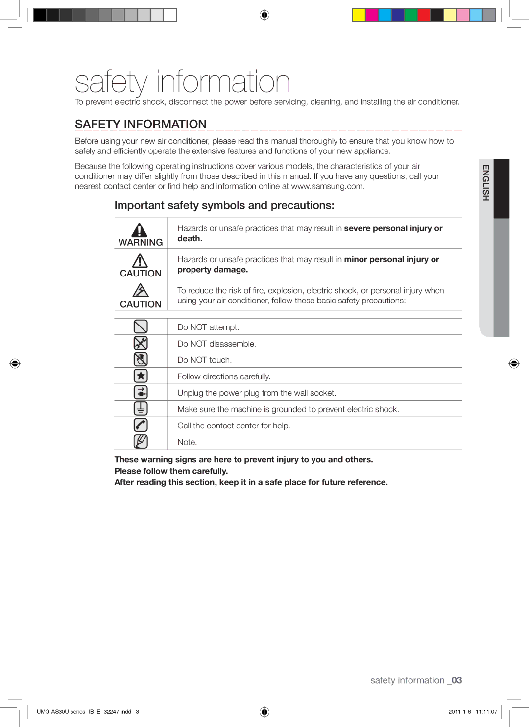 Samsung AS36UGANUMG, AS30UGAXUMG Safety information, Safety Information, Important safety symbols and precautions, Death 