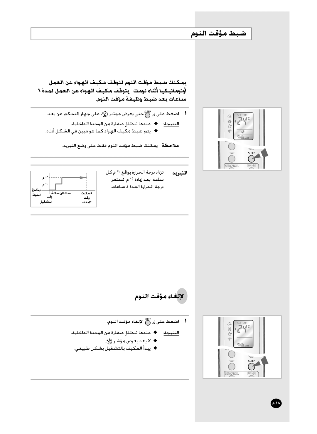 Samsung AS36WANUMG, AS36WANXSG manual ﻞﻤﻌﻟﺍ ﻦﻋ ﺀﺍﻮﻬﻟﺍ ﻒﻴﻜﻣ ﻒﻗﻮﺘﻟ ﻡﻮﻨﻟﺍ ﺖﻗﺆﻣ ﻂﺒﺿ ﻚﻨﻜﻤﻳ, ﻡﻮﻨﻟﺍ ﺖﻗﺆﻣ ﺔﻔﻴﻇﻭ ﻂﺒﺿ ﺪﻌﺑ ﺕﺎﻋﺎﺳ 