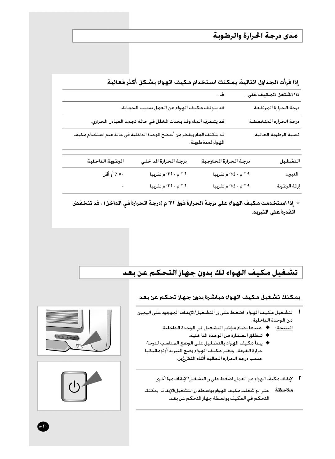 Samsung AS36WANUMG, AS36WANXSG, AST36WRWE/XSG manual ﺔﺑﻮﻃﺮﻟﺍﻭ ﺓﺭﺍﺮﳊﺍ ﺔﺟﺭﺩ ﻯﺪﻣ, ﺪﻌﺑ ﻦﻋ ﻢﻜﺤﺘﻟﺍ ﺯﺎﻬﺟ ﻥﻭﺪﺑ ﻚﻟ ﺀﺍﻮﻬﻟﺍ ﻒﻴﻜﻣ ﻞﻴﻐﺸﺗ 