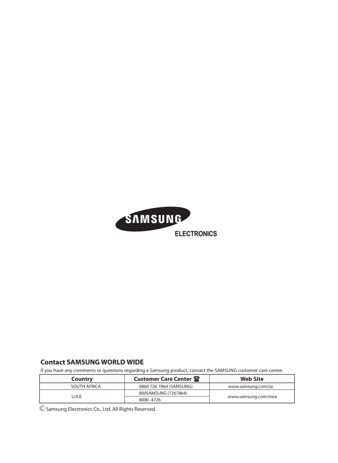 Samsung AST36WRWE/XSG, AS36WANUMG, AS36WANXSG manual Contact Samsung World Wide 