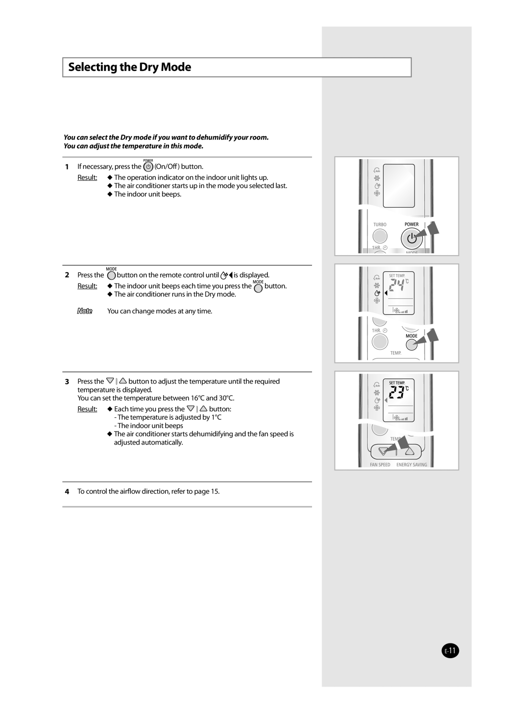 Samsung AST36WRWE/XSG, AS36WANUMG, AS36WANXSG manual Selecting the Dry Mode 