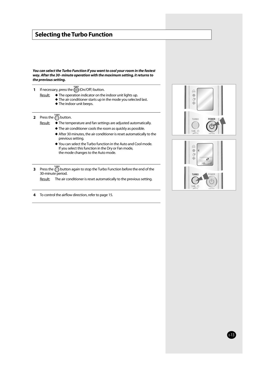 Samsung AS36WANXSG, AS36WANUMG, AST36WRWE/XSG manual Selecting the Turbo Function 