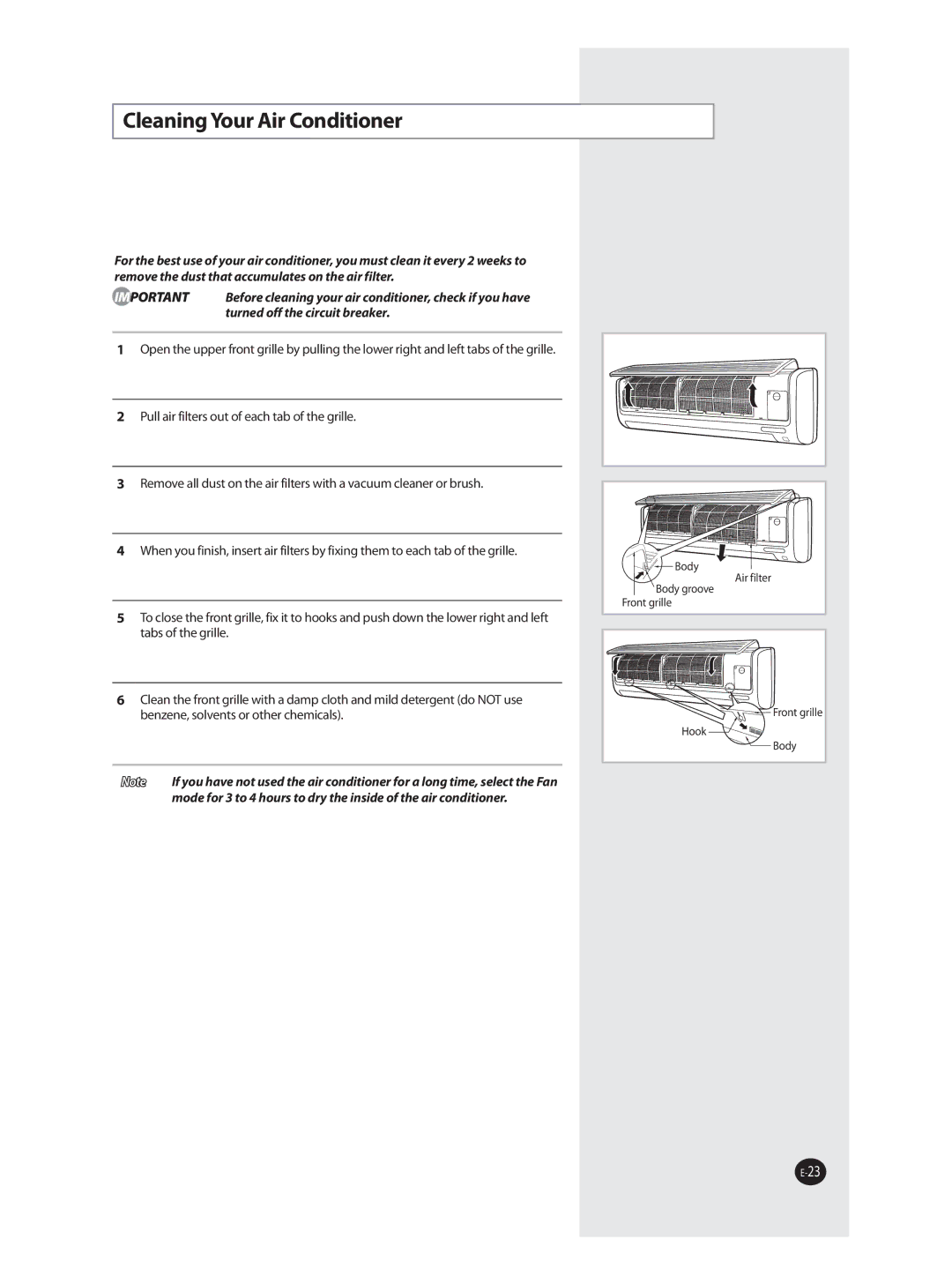 Samsung AST36WRWE/XSG, AS36WANUMG, AS36WANXSG manual Cleaning Your Air Conditioner, Turned off the circuit breaker 