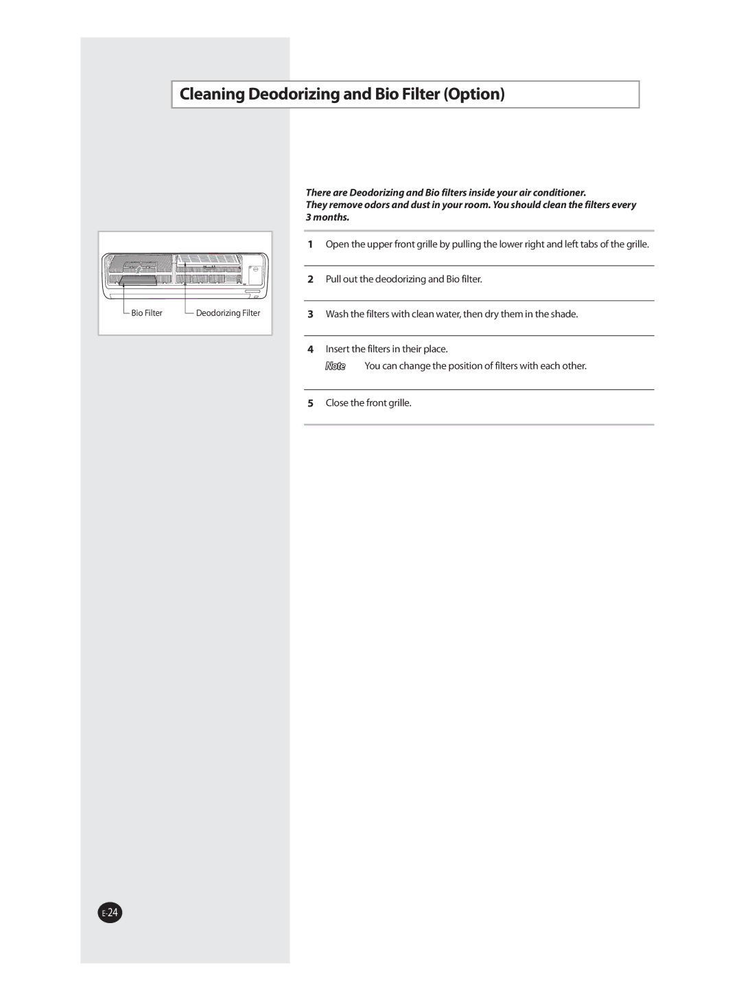 Samsung AS36WANUMG, AS36WANXSG, AST36WRWE/XSG manual Cleaning Deodorizing and Bio Filter Option 