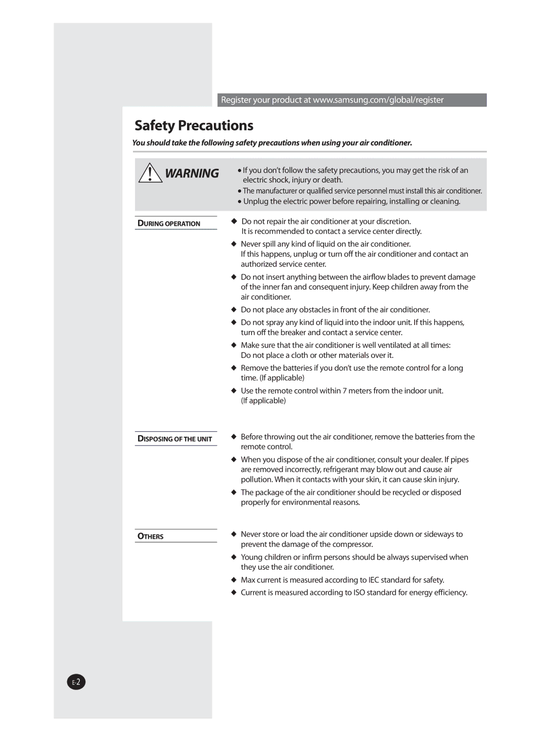 Samsung AS30WBNMID, AS36WBMID, AS30WBXSG, AS36WBXXSG, AS30WBMID, AS36WBNXSG, AS30WBNXSG, AS36WBNXAP manual Safety Precautions 