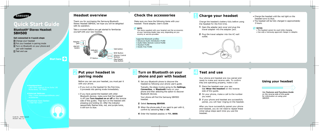 Samsung ASBH500JBECSTA quick start Headset overview, Check the accessories, Charge your headset, Test and use 