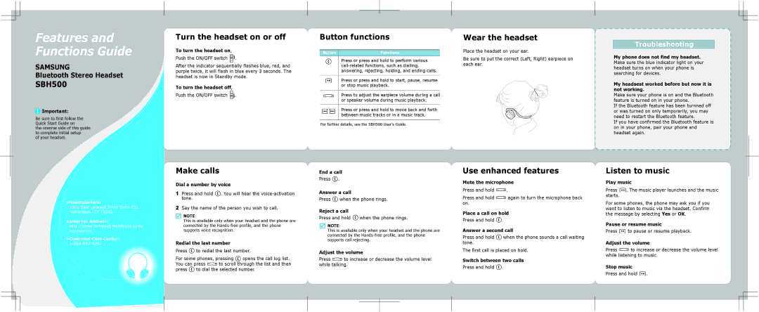 Samsung ASBH500JBECSTA Turn the headset on or off, Button functions, Wear the headset, Make calls, Use enhanced features 