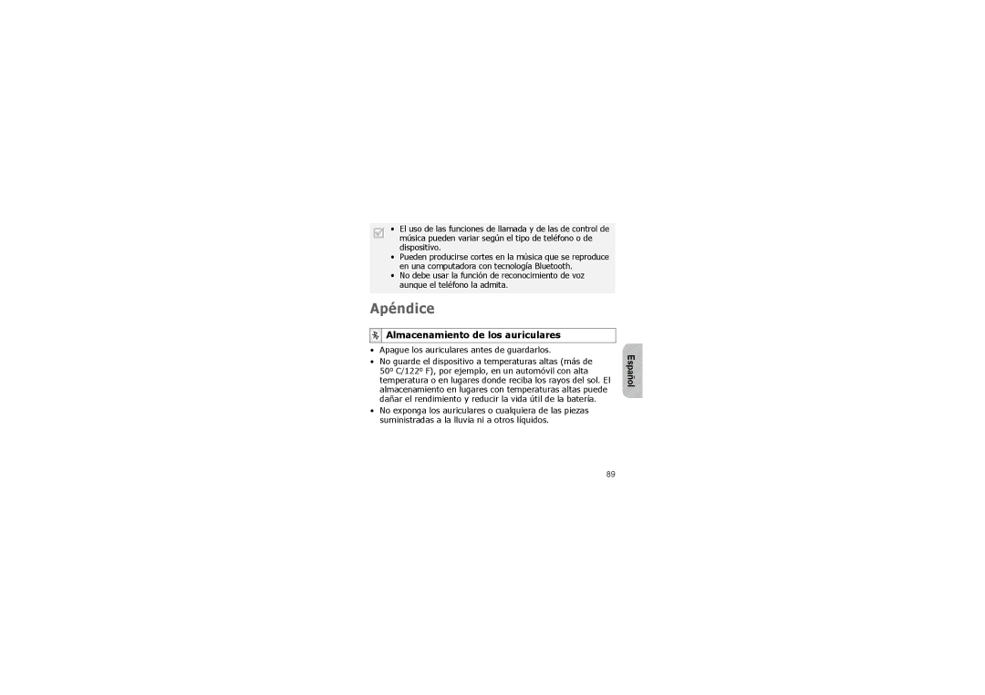 Samsung ASBH500JRECSTA, GH68-16328A manual Apéndice, Almacenamiento de los auriculares 