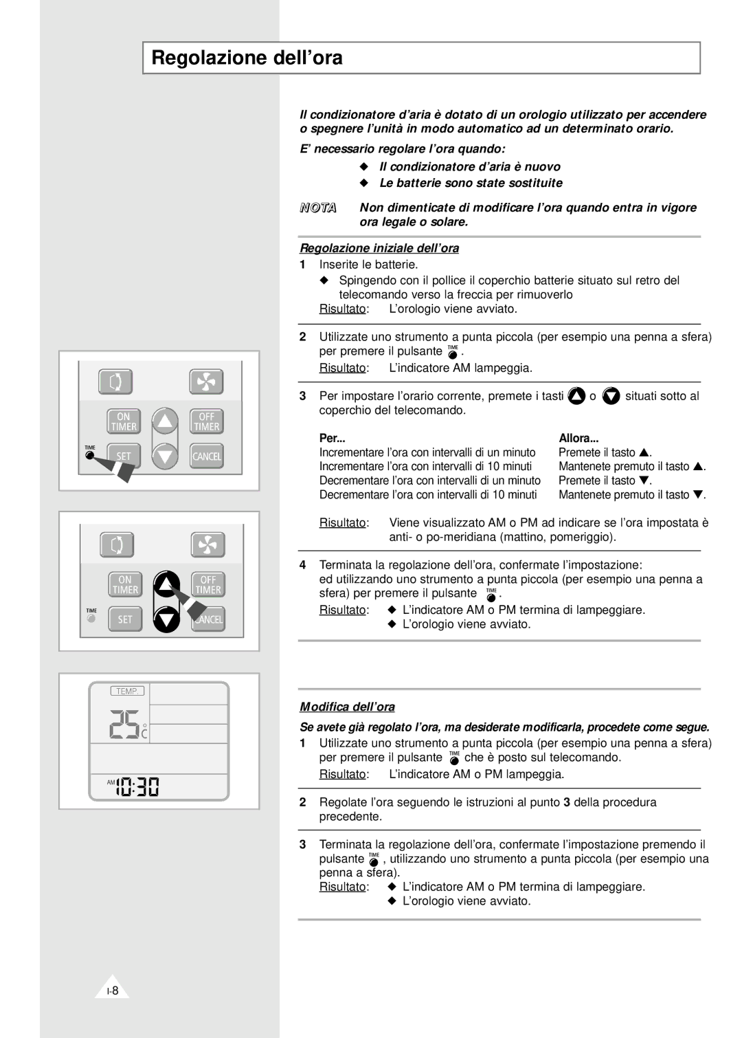 Samsung AQ12A1VE/XET, ASH070VE0K/XET, SH07YABX, SH09YAB, IASH120VE0KXET, ASH120VE0K/XET manual Regolazione dell’ora, Per, Allora 