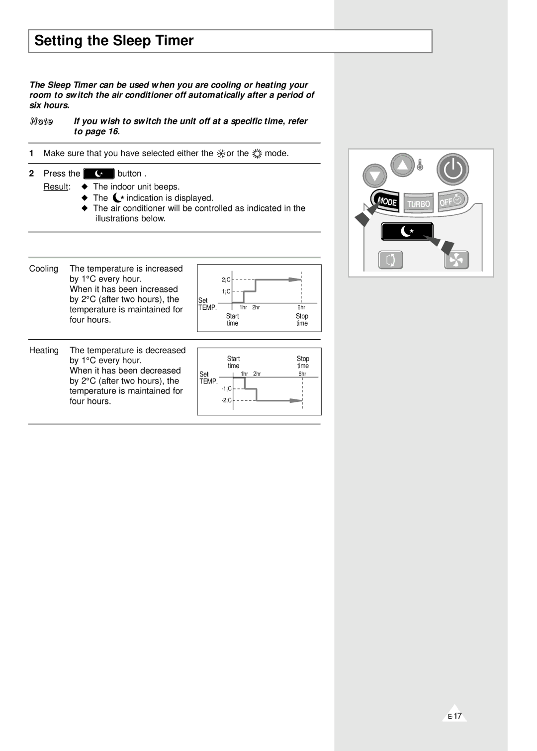 Samsung SH12YABX, ASH070VE0K/XET, SH07YABX, SH09YAB, IASH120VE0KXET, ASH120VE0K/XET, XUQ12A1VE/XET manual Setting the Sleep Timer 