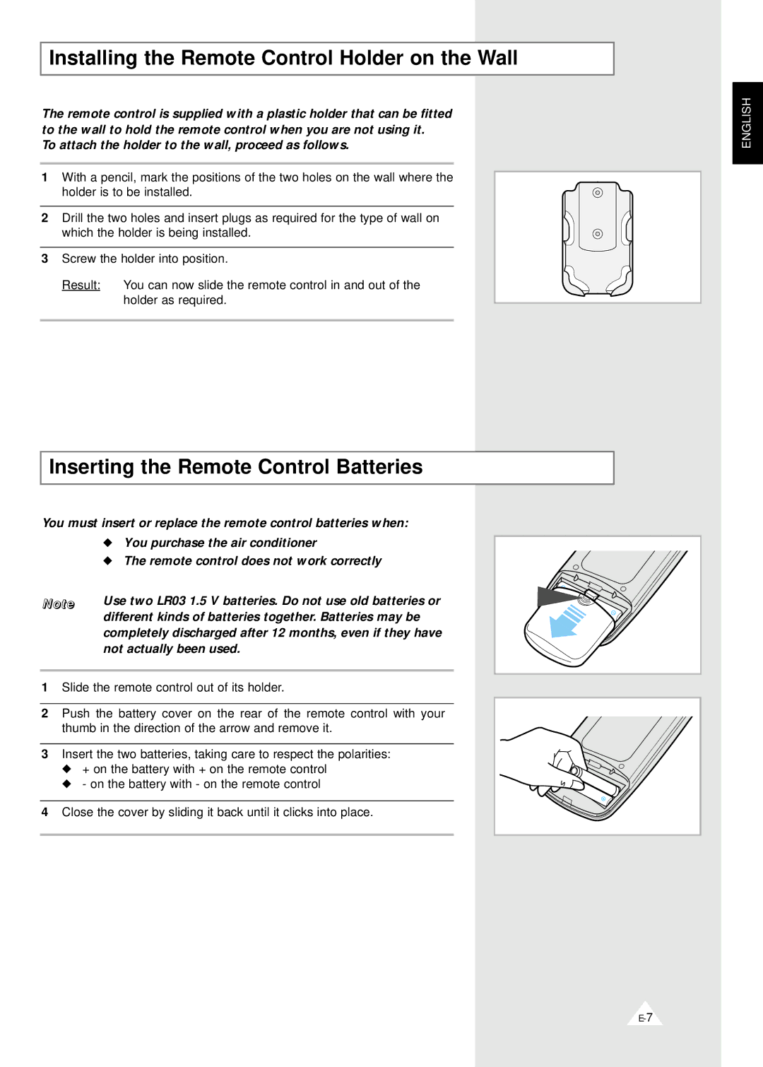 Samsung SH09YABX, ASH070VE0K/XET Installing the Remote Control Holder on the Wall, Inserting the Remote Control Batteries 