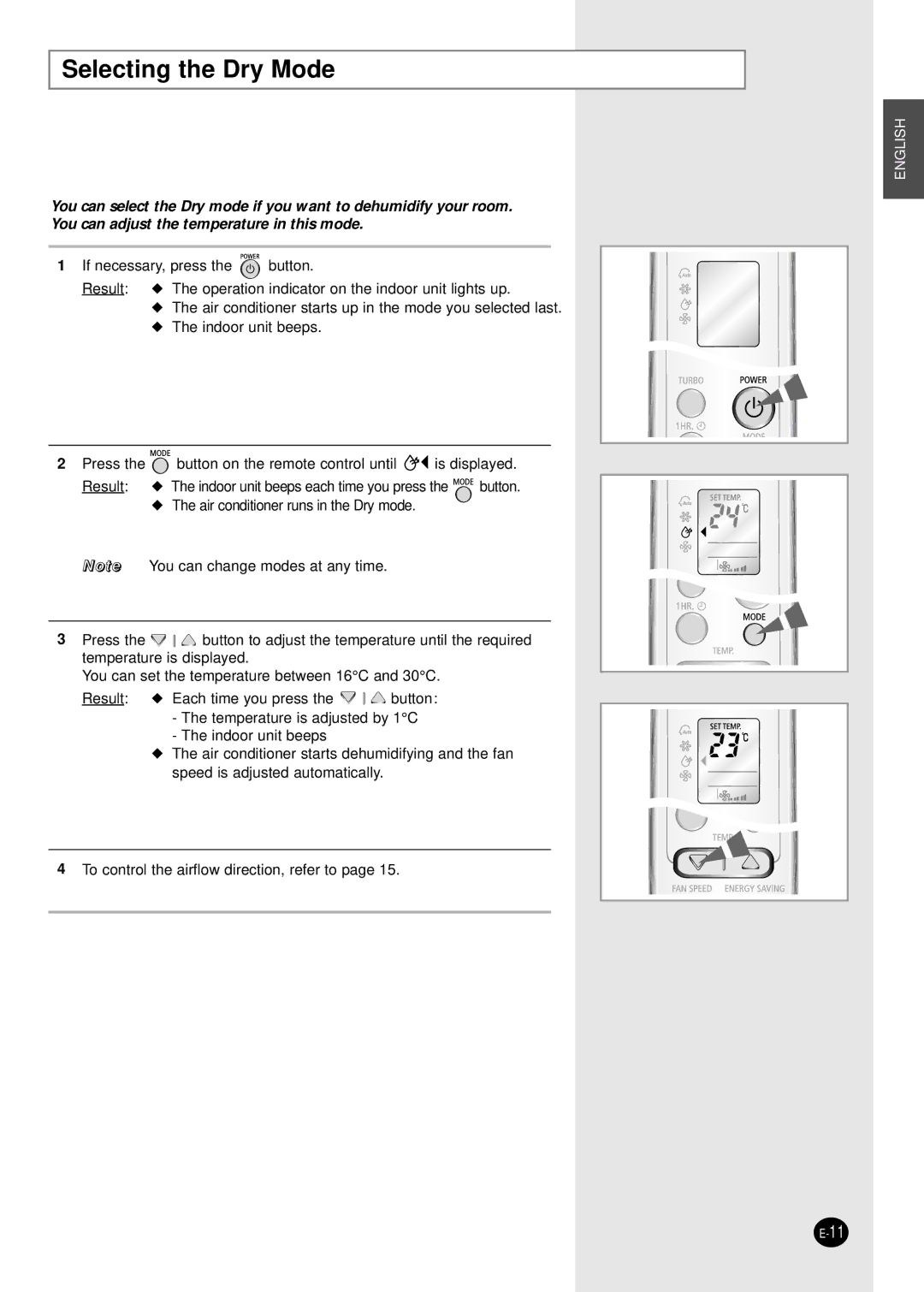 Samsung ASK12WHWD/XSV manual Selecting the Dry Mode 