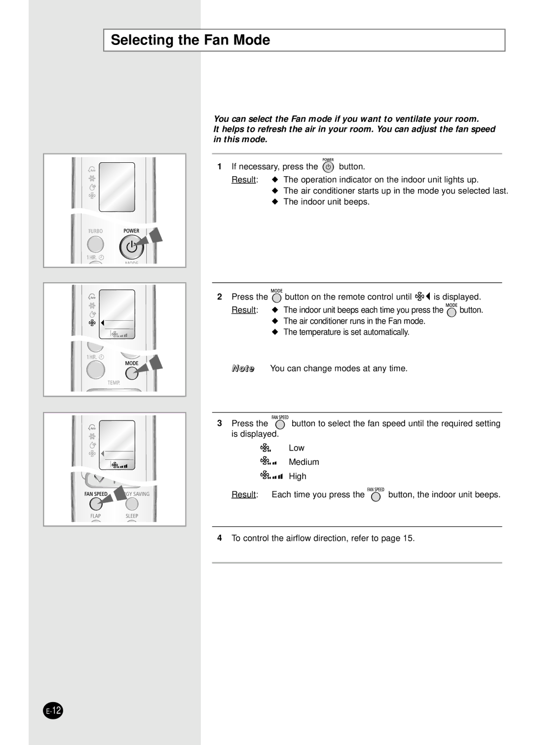 Samsung ASK12WHWD/XSV manual Selecting the Fan Mode 