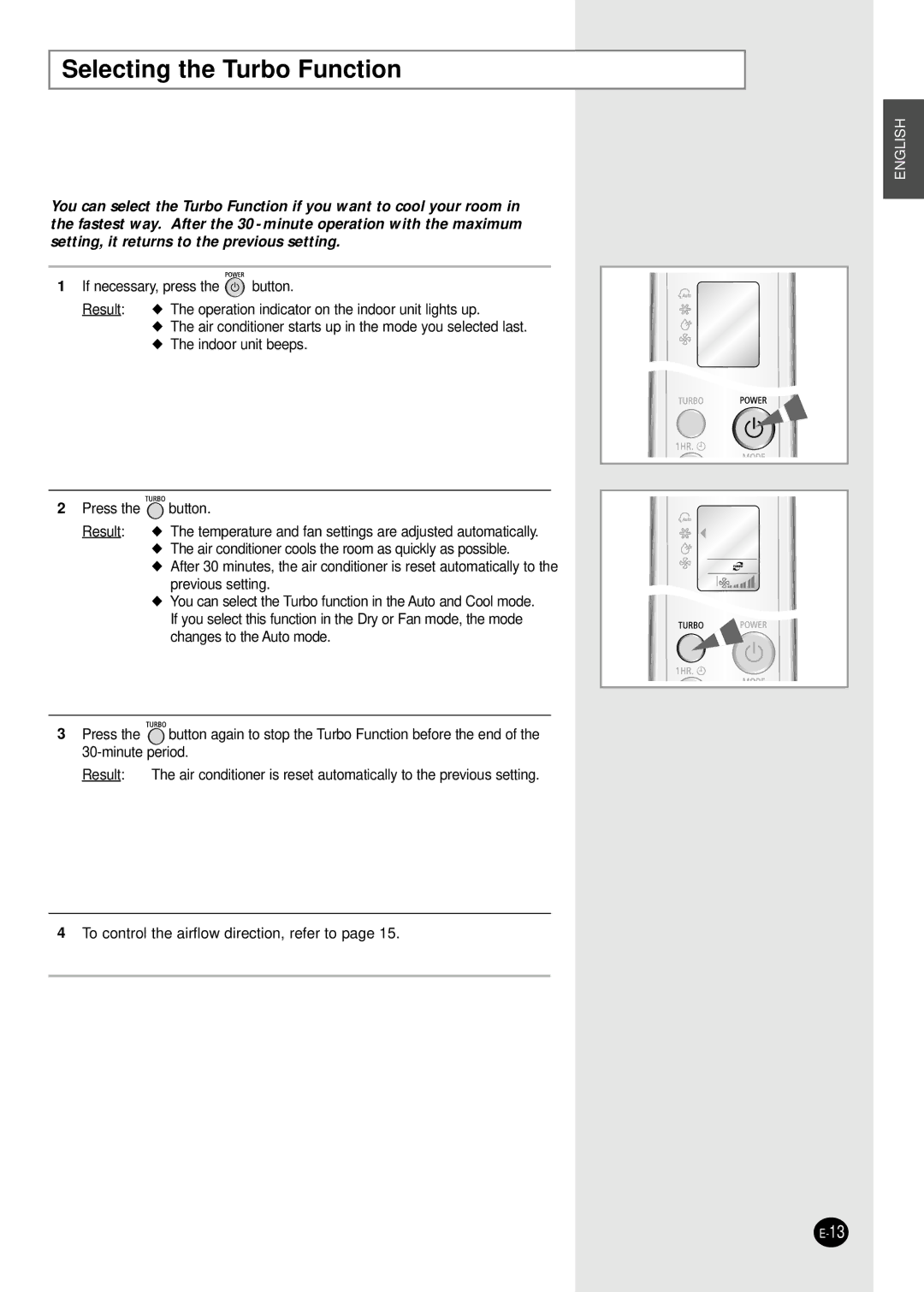 Samsung ASK12WHWD/XSV manual Selecting the Turbo Function 