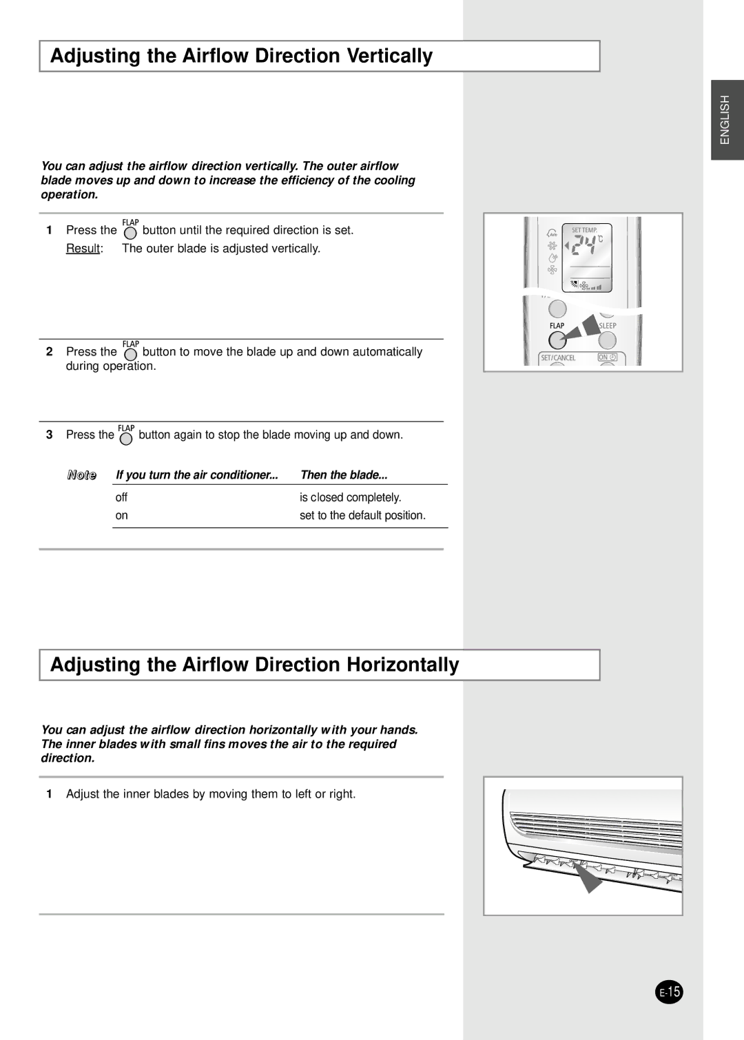 Samsung ASK12WHWD/XSV manual Adjusting the Airflow Direction Vertically, Adjusting the Airflow Direction Horizontally 