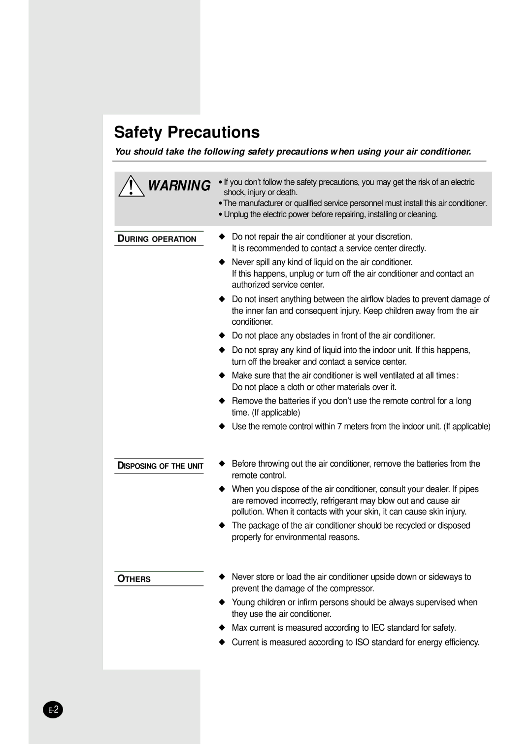 Samsung ASK12WHWD/XSV manual Safety Precautions 