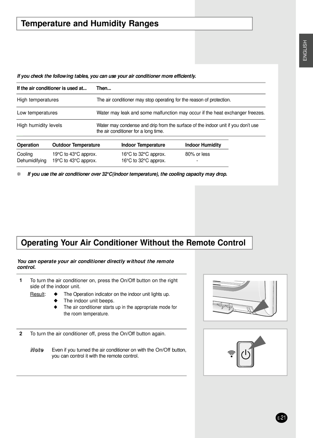 Samsung ASK12WHWD/XSV manual Temperature and Humidity Ranges, Operating Your Air Conditioner Without the Remote Control 