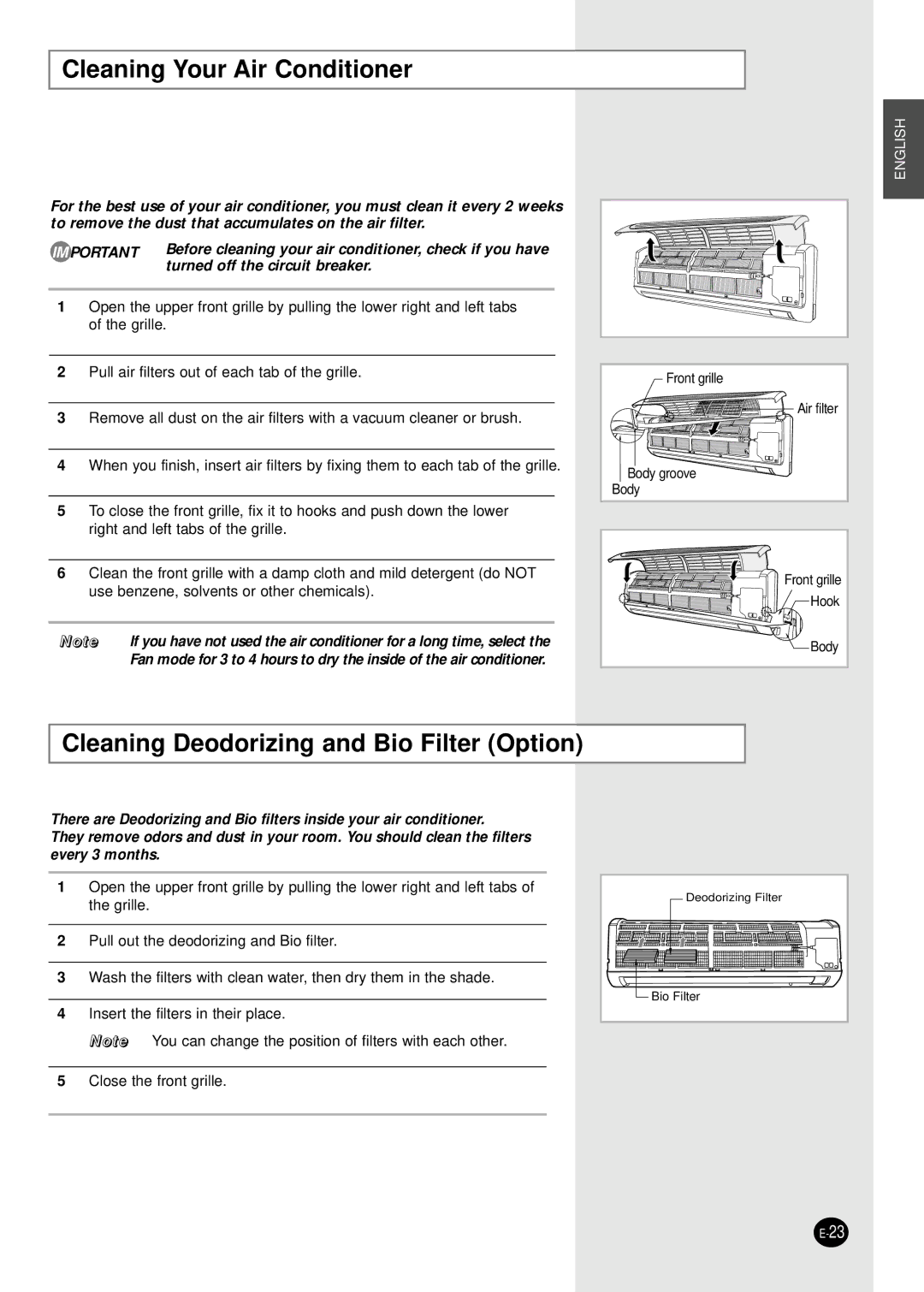 Samsung ASK12WHWD/XSV manual Cleaning Your Air Conditioner, Cleaning Deodorizing and Bio Filter Option 