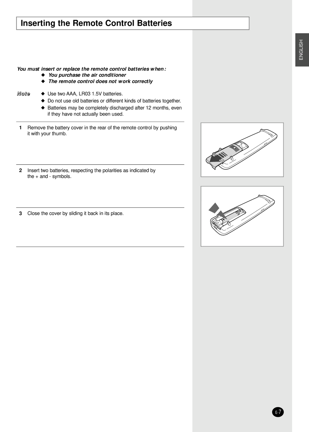 Samsung ASK12WHWD/XSV manual Inserting the Remote Control Batteries 